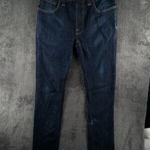 Nudie Jeans Men Blue Denim Trousers Designer Size 30x32 Thin Finn Dry Ecru Embo